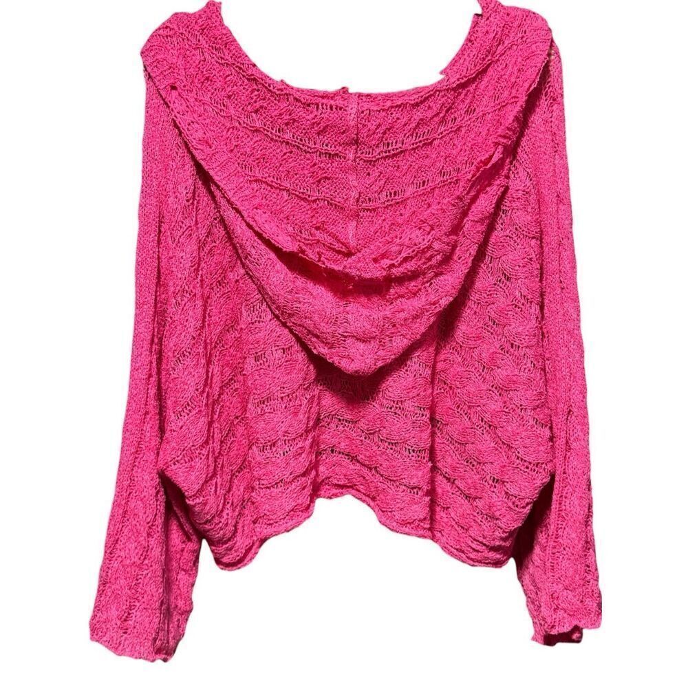 POL Hot Pink Open Knit Cropped Hoodie Sweater Boho Lace Long Sleeve Top NEW - Picture 12 of 14